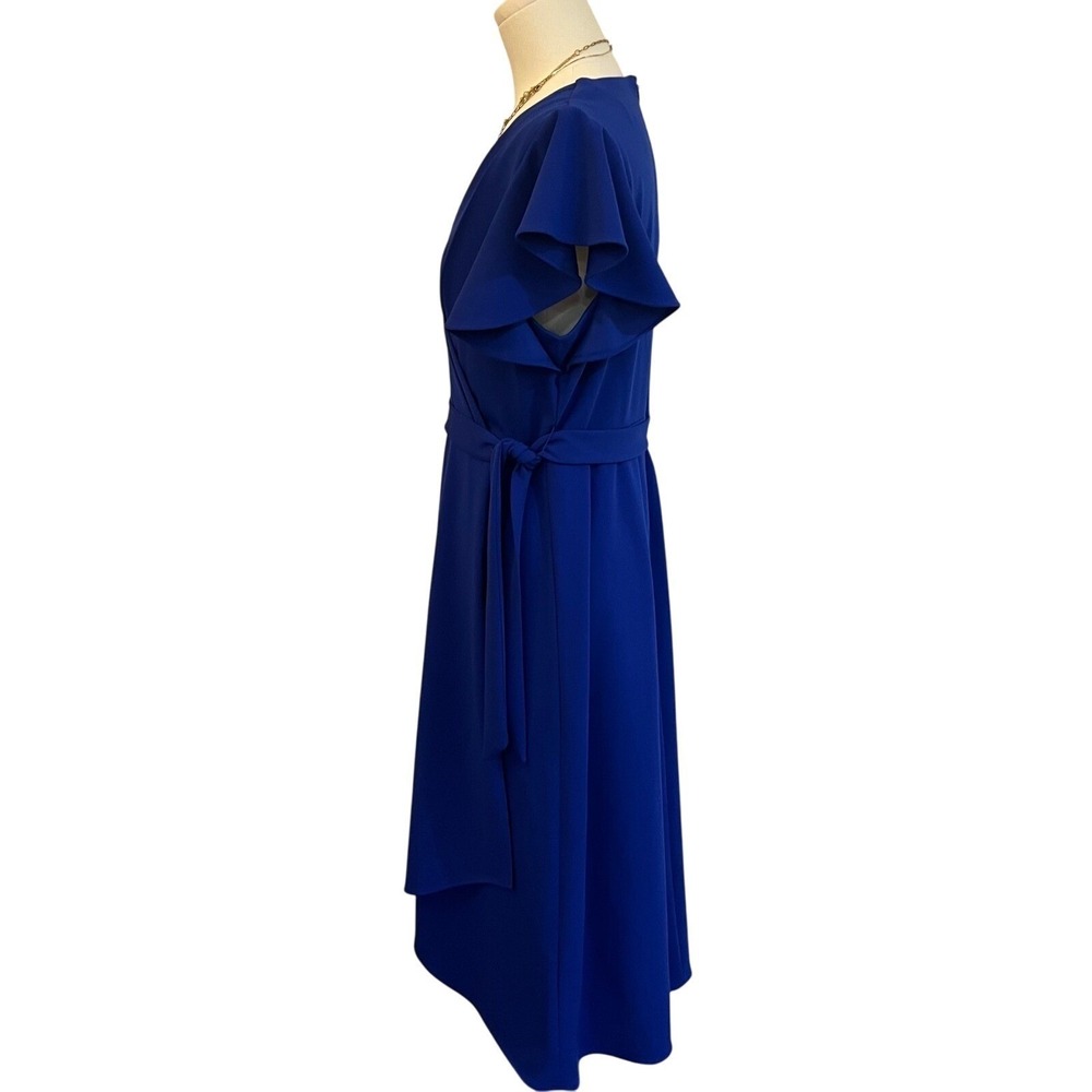 DKNY Royal Blue Wrap‎ Midi Dress Wedding Guest Cocktail Flutter Sleeve Sz 6 - Picture 5 of 8